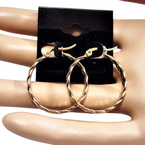 1 1/8 Inch 31mm Braided Hoop Pierced Post Earrings Gold Tone 3mm Wide Band - Picture 3 of 5